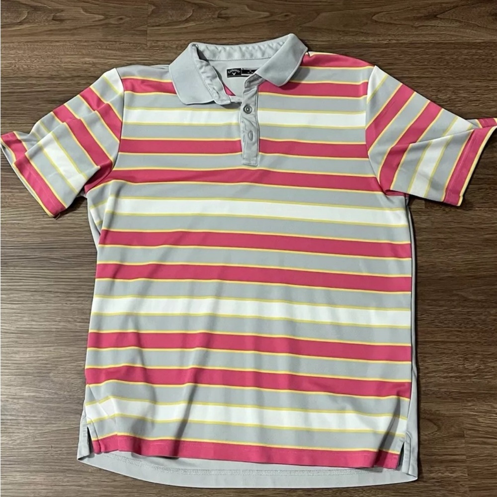 Callaway Mens Golf Polo Size Medium Gray And Pink Stripes